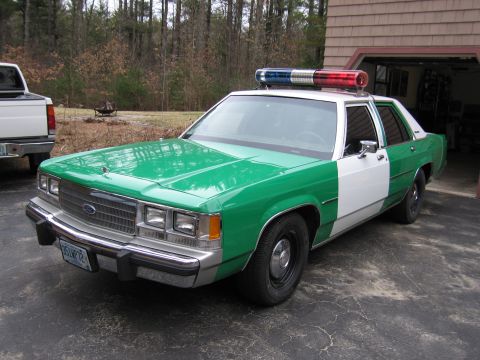 1991 Ford LTD Crown Victoria - green and white Ford full-size sedan with roof light bar parked front-quarter on a driveway near a garage and pine woods.
