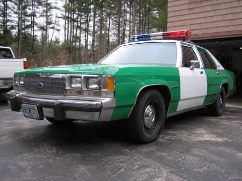 1991 Ford LTD Crown Victoria - green and white full-size Ford sedan with a roof light bar and Ford oval grille, parked front-quarter on a driveway.