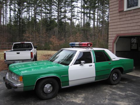 1991 Ford LTD Crown Victoria - green and white full-size Ford sedan with roof light bar parked in a driveway in front of bare-branch woods and a house.