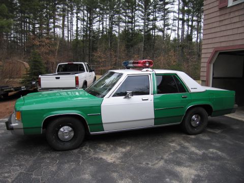 1991 Ford LTD Crown Victoria - green and white full-size Ford sedan with roof light bar shown in side profile beside a pickup and garage in the woods.