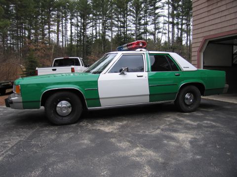 1991 Ford LTD Crown Victoria - green and white full-size Ford sedan with roof light bar parked in profile on a driveway next to a shingled house.