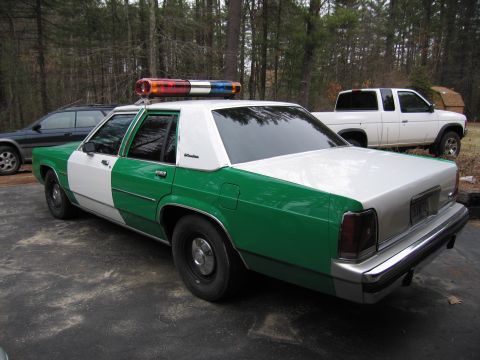1991 Ford LTD Crown Victoria - green and white full-size Ford sedan with roof light bar parked rear-quarter on a driveway among pine trees and a truck.