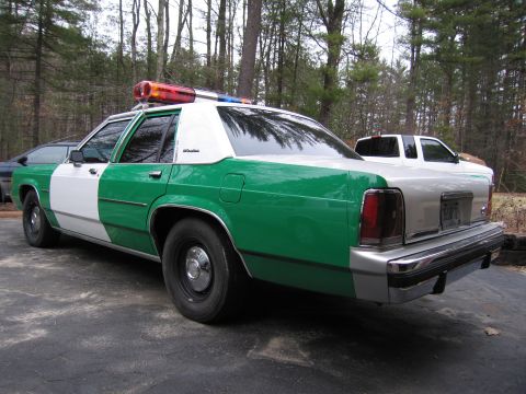 1991 Ford LTD Crown Victoria - green and white full-size Ford sedan with roof light bar parked rear-quarter on a driveway in front of a pickup and woods.