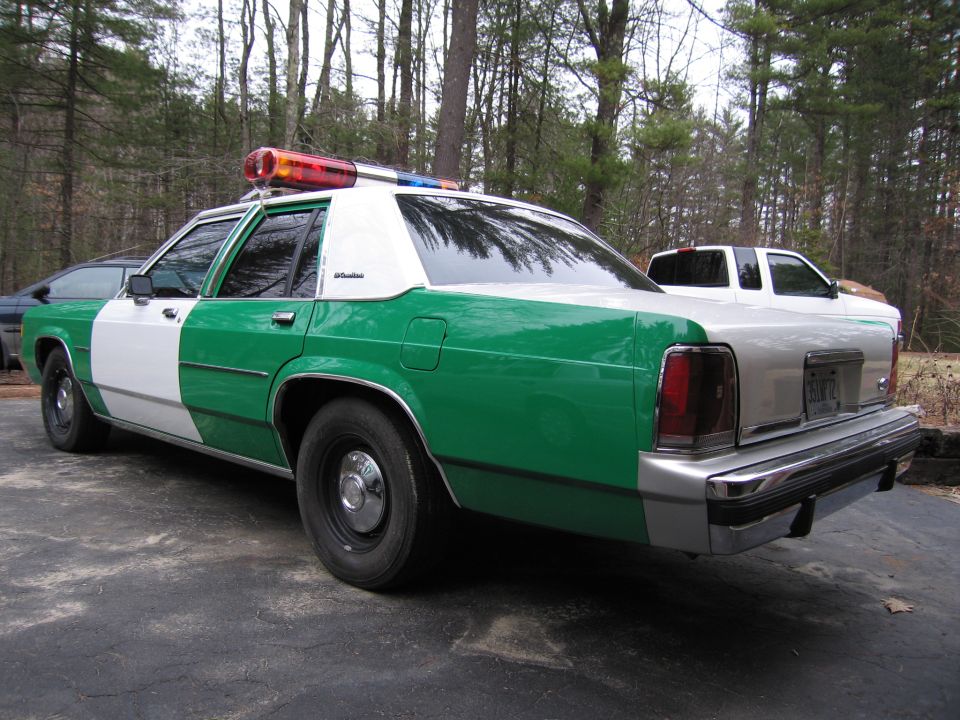 Green and white Ford police sedan, rear three-quarter view by woods
