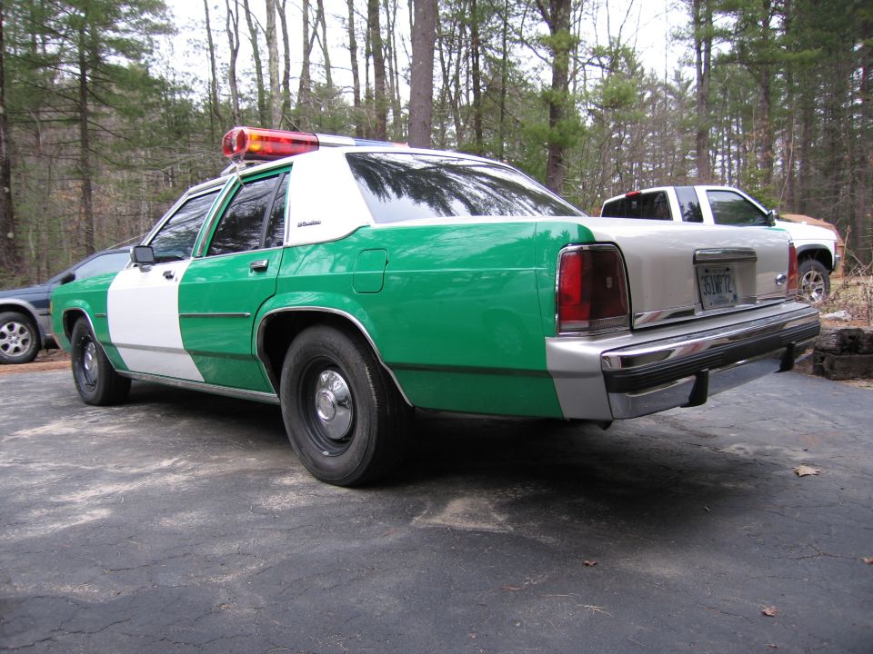 Green and white Ford police sedan, rear three-quarter view by woods