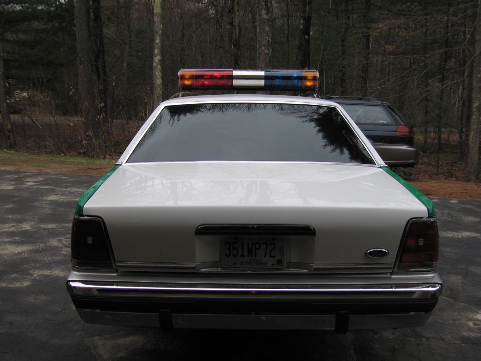 Rear view of green and white Ford sedan with light bar and plate