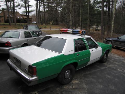 1991 Ford LTD Crown Victoria - green and white full-size Ford sedan with roof light bar seen from a high rear-quarter angle among parked cars and pines.