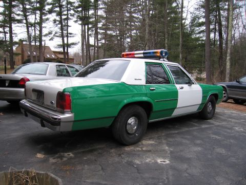1991 Ford LTD Crown Victoria - green and white full-size Ford sedan with roof light bar parked rear-quarter on a paved driveway among other cars and trees.