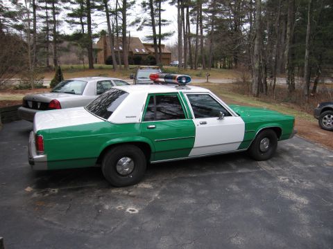 1991 Ford LTD Crown Victoria - green and white full-size Ford sedan with roof light bar parked at a high side angle on a driveway with other cars and pines.