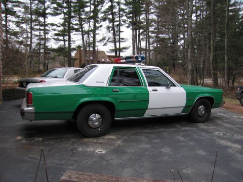 1991 Ford LTD Crown Victoria - green and white full-size Ford sedan with roof light bar shown in side profile on a paved driveway among pine trees.