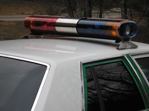 1991 Ford LTD Crown Victoria - red, clear and blue emergency light bar mounted on the roof of a white police sedan, with bare trees in the background.