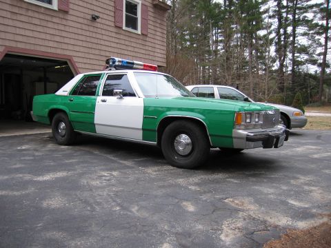 1991 Ford LTD Crown Victoria - Front three-quarter view of a green-and-white Ford police sedan with roof light bar parked near a garage and a silver car.