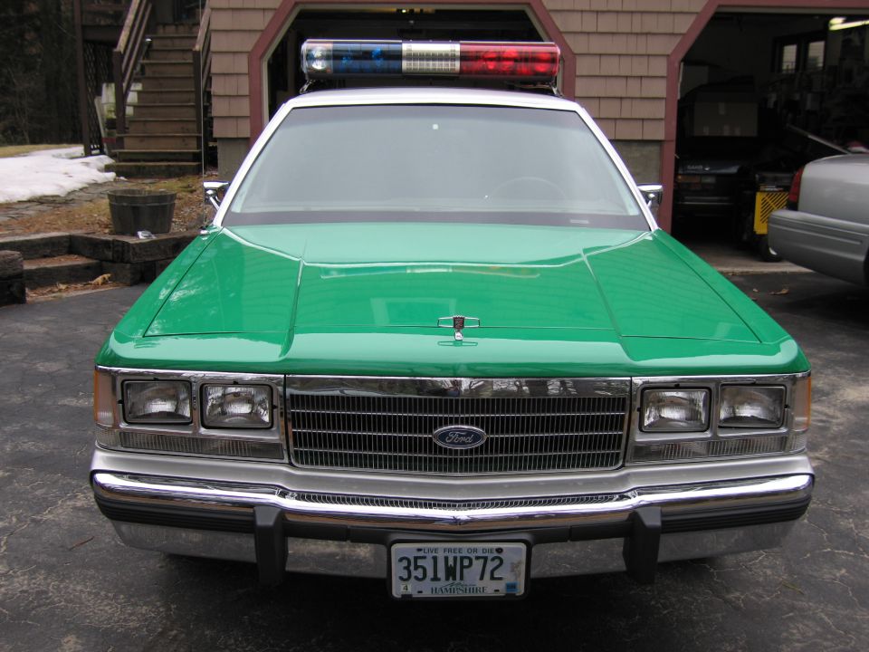Head-on view of green Ford sedan front grille with plate 351WP72