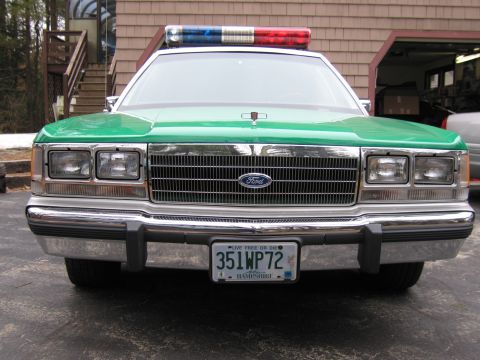 1991 Ford LTD Crown Victoria - Close head-on view of the chrome grille, Ford emblem and quad headlights of a green-and-white police sedan, plate 351WP72.