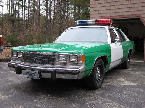1991 Ford LTD Crown Victoria - Front three-quarter view of a green-and-white Ford police sedan with roof light bar and plate 351WP72, parked by trees and a garage.