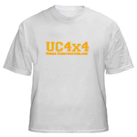 1989 Ford Bronco - This is a photo of a white t-shirt with orange lettering that reads UC4x4 and UnderConstruction.com.