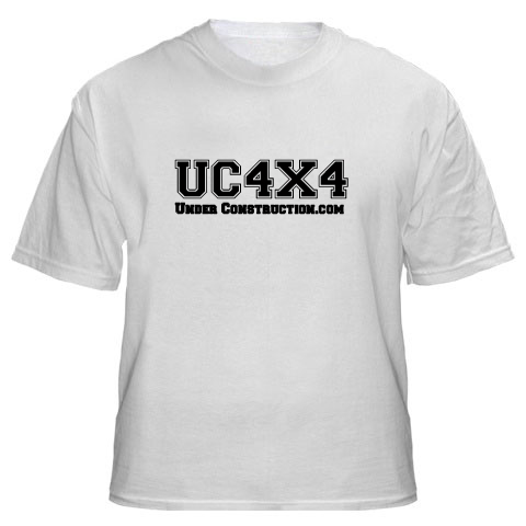 1989 Ford Bronco - A white t-shirt displays the text 'UC4X4' and 'UNDER CONSTRUCTION.COM' in black lettering.