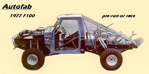 Autofab 1977 F100 pre-run or race truck in side profile with exposed tube chassis and roll cage