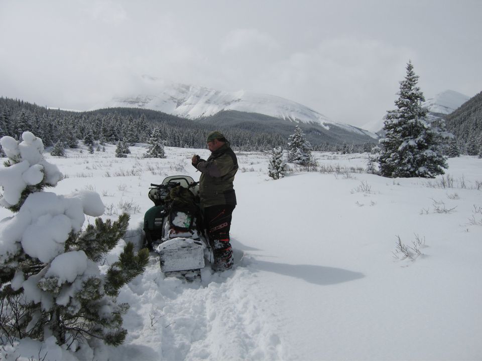 Person standing next to a snowmobile in a snowy field with trees and mountains in the background