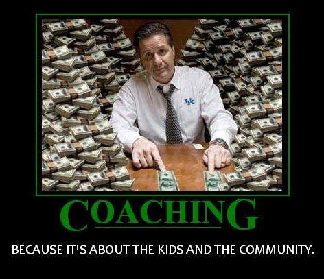 1991 Ford Bronco - A man sits surrounded by money, with text below that reads "COACHING" and "BECAUSE IT'S ABOUT THE KIDS AND THE COMMUNITY."