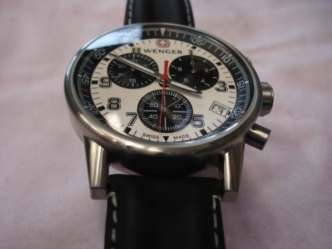 2000 Ford Crown Victoria - Close-up of a Wenger chronograph watch face, showing subdials and date window.