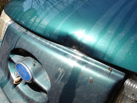 1995 Ford Taurus - A close-up of a green Ford emblem on a vehicle's fender shows signs of wear and damage.