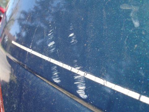 1995 Ford Taurus - The car's paint is heavily scratched, showing damage along a white stripe.