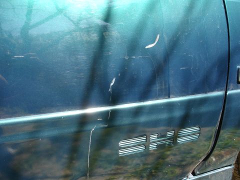 1995 Ford Taurus - The side door of a teal 1995 Ford Taurus SHO shows significant scratches and the distinctive SHO emblem.