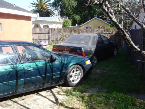 1995 Ford Taurus - Two sedans, a green one and a black one, are parked side-by-side in a grassy yard.