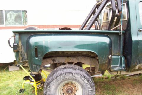 1976 Chevrolet C/K Pickup - The rear section of a green pickup truck, showing the bed and fender, is visible with a roll bar overhead.