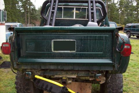 1976 Chevrolet C/K Pickup - Rear view of a dark green pickup truck, a roll bar and a visible trailer hitch.