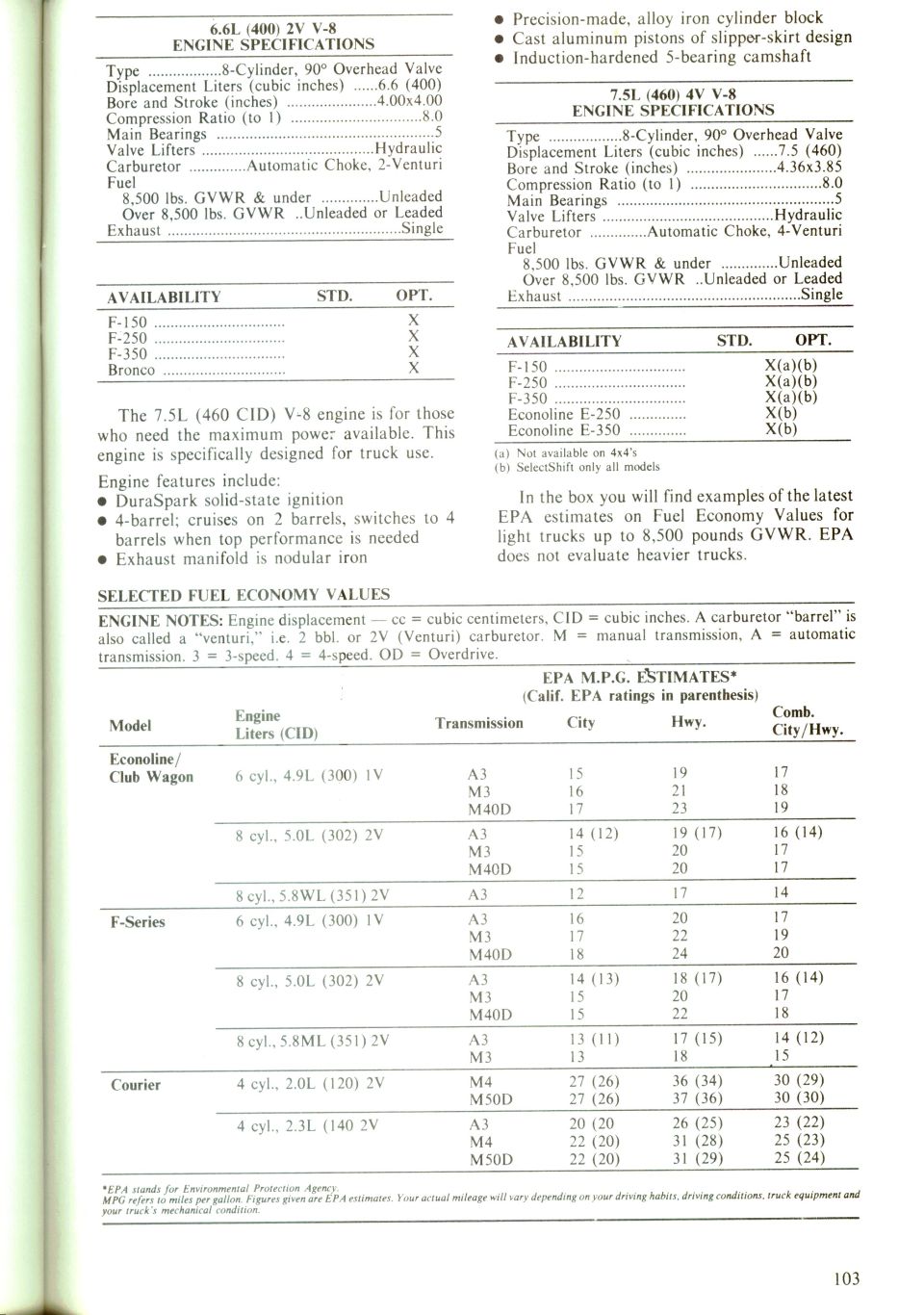 Ford truck brochure page with 6.6L (400) 2V and 7.5L (460) 4V V-8 engine specs and EPA fuel economy table