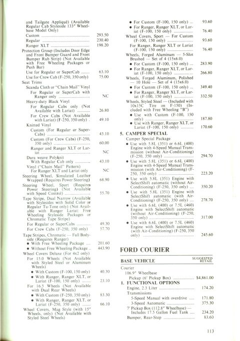 1979 Ford Bronco - This catalog page details pricing and options for the Ford Courier, including various functional upgrades and packages.