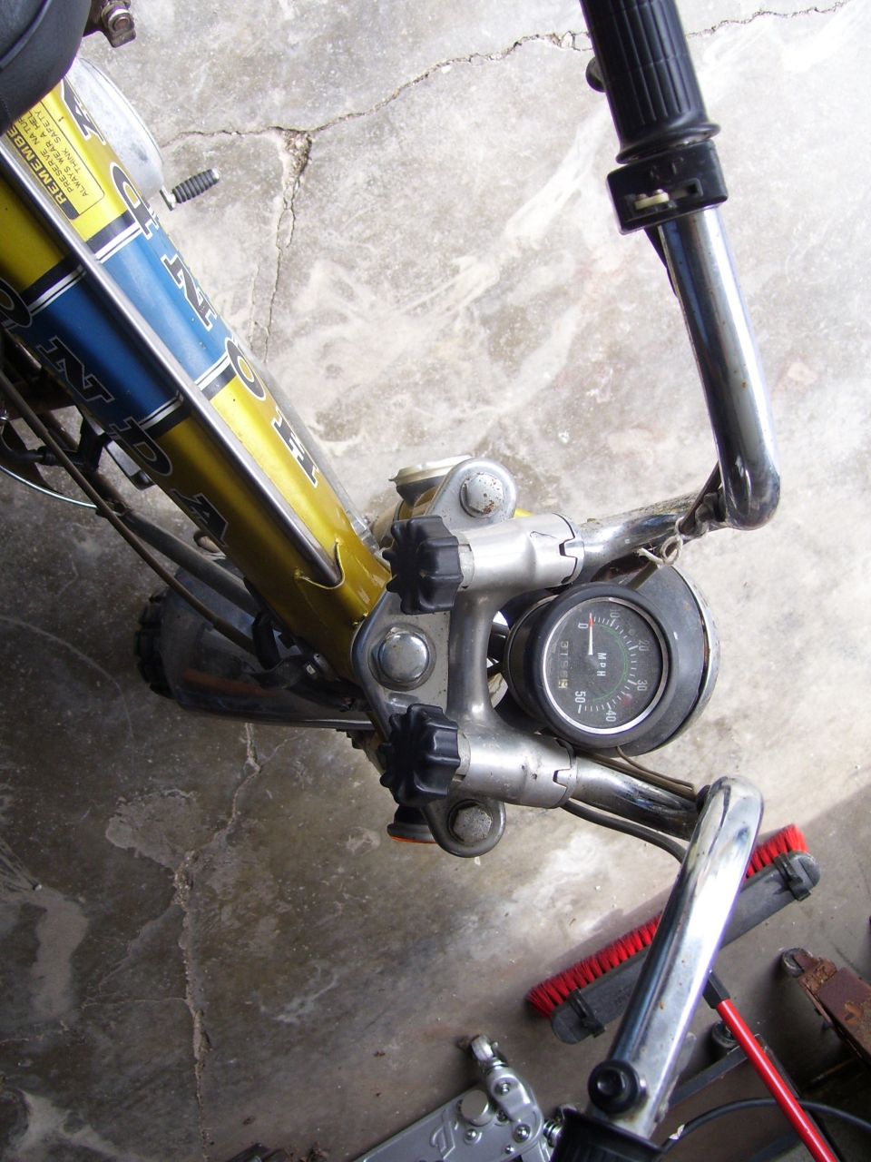1972 Honda CT70 motorcycle front view with speedometer