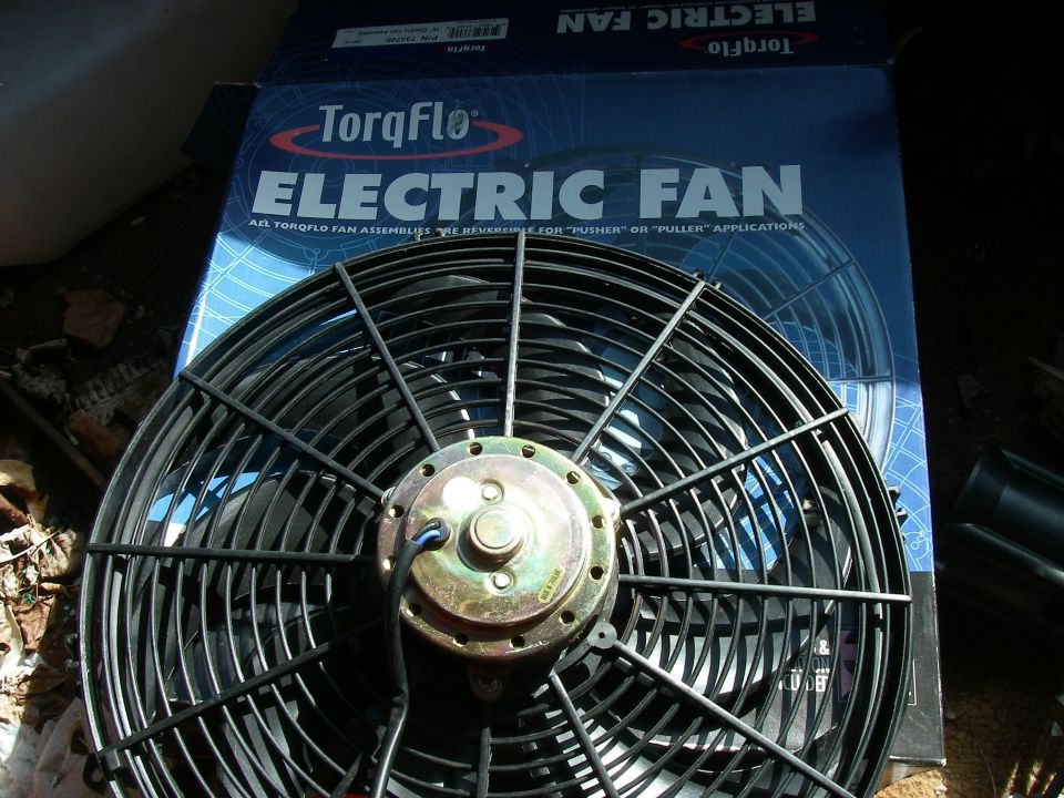TorqFlo electric fan in its blue cardboard box