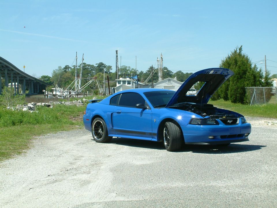 Blue Ford Mustang with hood open parked on gravel lot with boats and overpass in background.