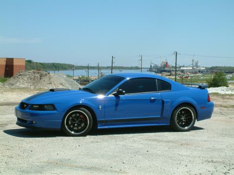 1992 Ford Bronco - A bright blue Ford Mustang coupe is parked on a gravel lot with a body of water and industrial structures in the background.
