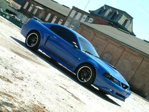 1992 Ford Bronco - A bright blue Ford Mustang is parked on a gravel lot with a brick building in the background. The car is angled towards the camera, showing…