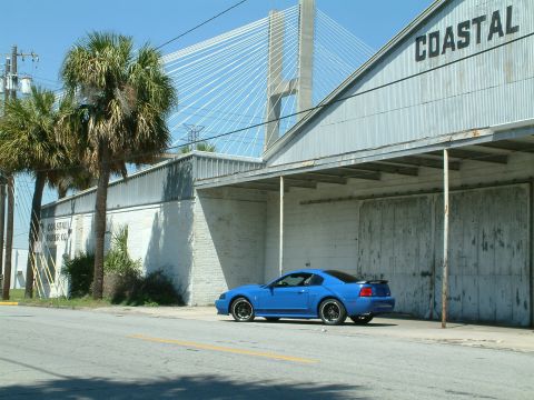 1992 Ford Bronco - A blue Ford Mustang coupe is parked on the side of a road in front of a corrugated metal building with the word "COASTAL" visible on its fa…