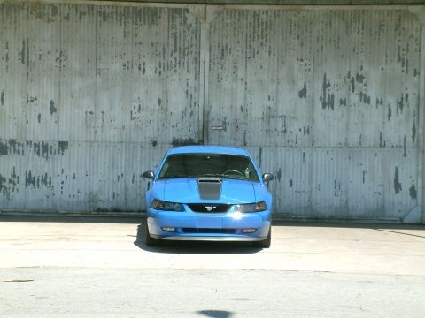 1992 Ford Bronco - A bright blue Ford Mustang is parked in front of a large, weathered corrugated metal wall. The car is viewed from the front, with its headl…