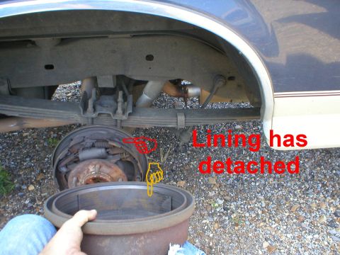1983 Ford Bronco - Shoe Lining separated; probably due to cheap shoes, and/or the truck being abandoned long enough for rust to break the glue. See also: [url…