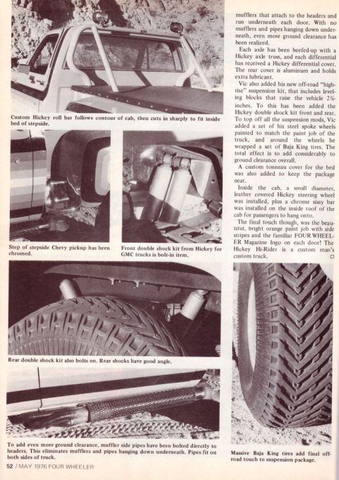 1996 Ford Bronco - 1977 Four Wheeler article on a Hickey prepped Chevy K-15 4x4 stepside...with M/T Baja King Tires - Page 3