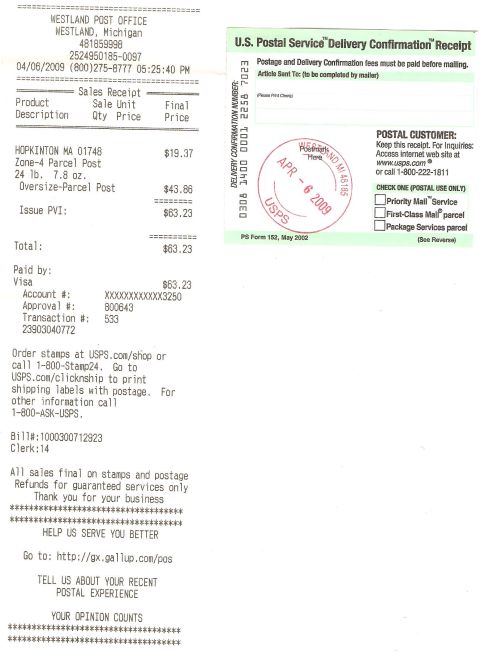 1995 Ford Bronco - USPS postal receipt shows details of postage paid for two parcels on April 6, 2009.