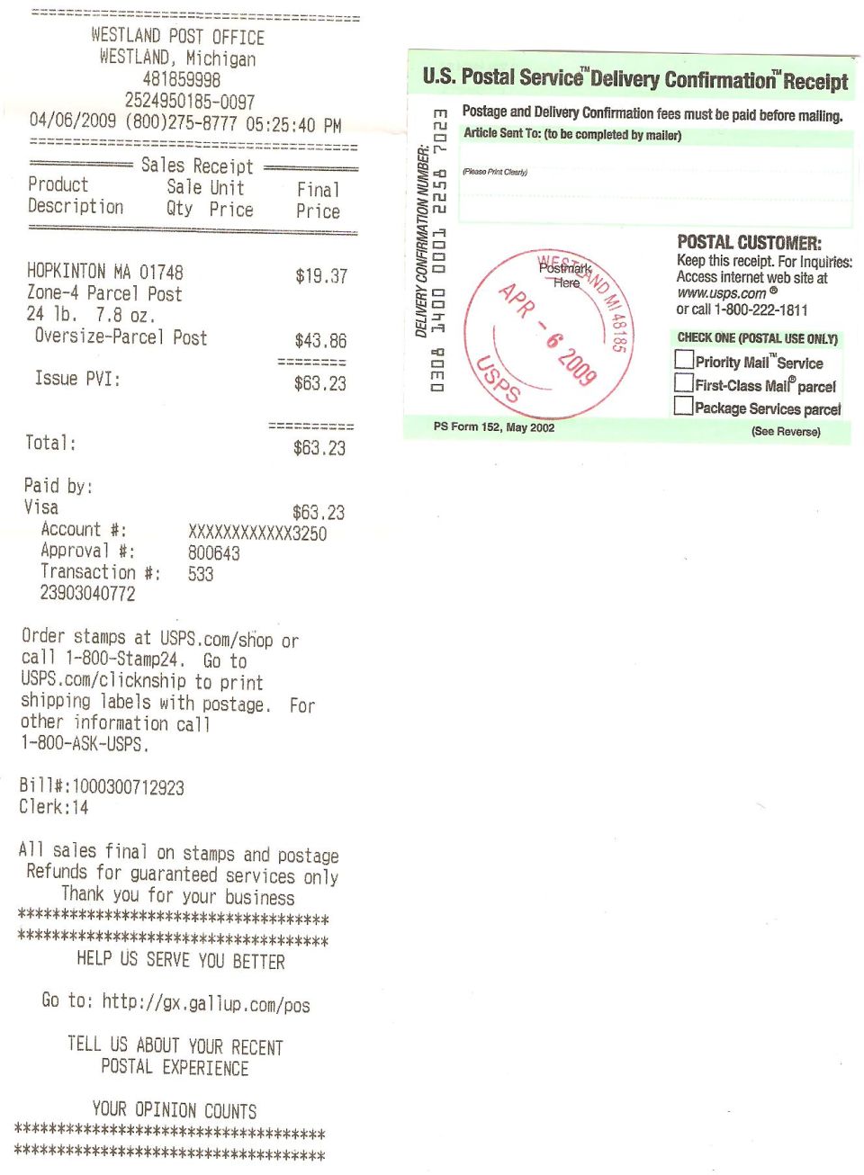 USPS postal receipt from Westland Post Office dated 04/06/2009 for Zone 4 Parcel Post and Oversize-Parcel Post