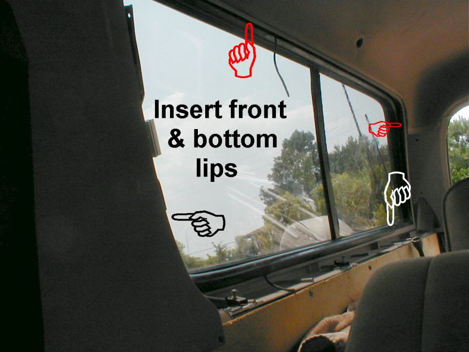 Reverse of removal: start by setting the window assembly into the camper with as much of the gasket on the front & bottom lips as possible.