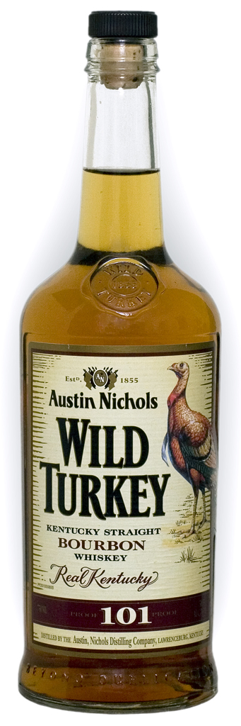 1979 Ford Bronco - A bottle of Wild Turkey 101 proof Kentucky Straight Bourbon Whiskey stands against a white background. The label features a depiction of a…