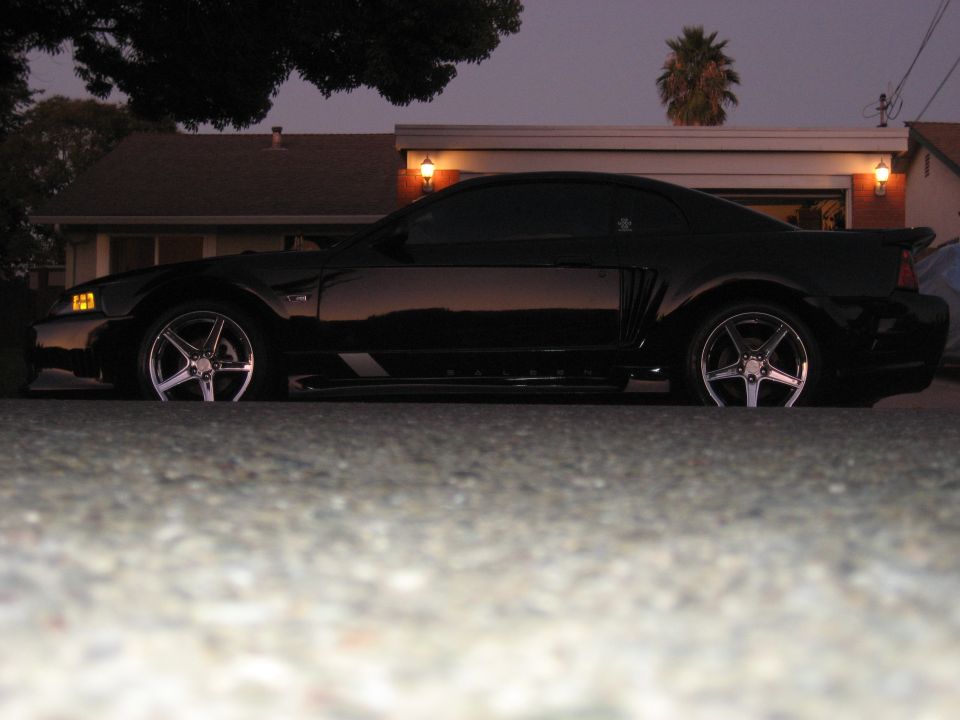 Black Ford Mustang coupe side view with chrome wheels at dusk.