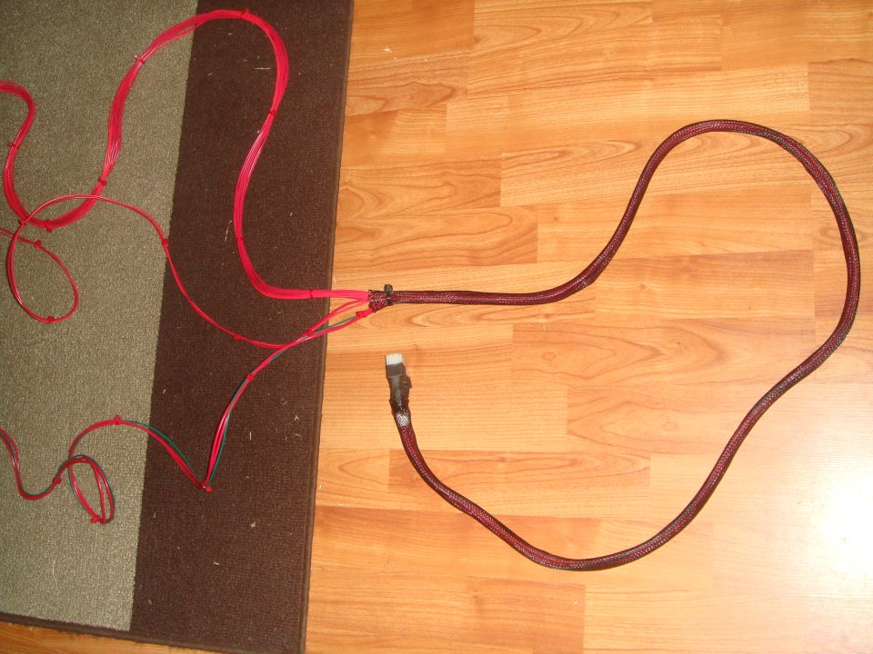 Bundle of red wires and a black wire with a white connector on carpet and wood floor.