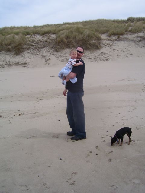 1991 Ford Bronco - A man holds a child while a dog sniffs the sand on a beach with dunes in the background.