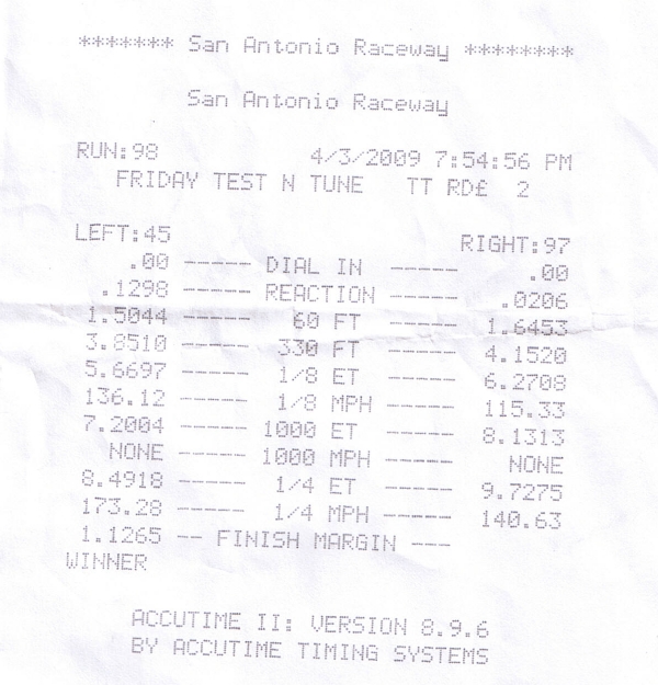 Drag racing timeslip from San Antonio Raceway test and tune